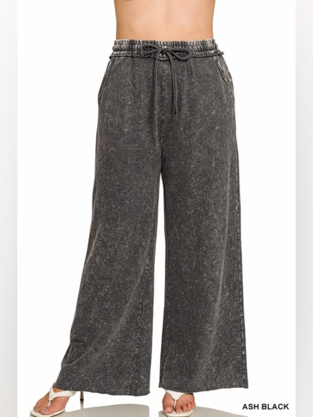 Zenana French Terry Black Wide-Leg Lounge Pants in Plus Sizes